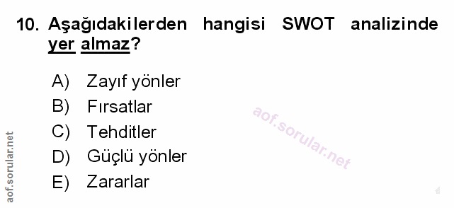 10. soru: Aşağıdakilerden hangisi SWOT analizinde yer almaz? A) Zayıf yönler B) Fırsatlar C) Tehditler D) Güçlü yönler E) Zararlar