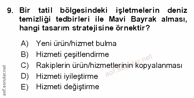 9. soru: Bir tatil bölgesindeki işletmelerin deniz temizliği tedbirleri ile Mavi Bayrak alması, hangi tasarım stratejisine örn…