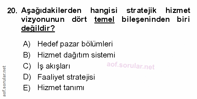 20. soru: Aşağıdakilerden hangisi stratejik hizmet vizyonunun dört temel bileşeninden biri değildir? A) Hedef pazar bölümleri B…