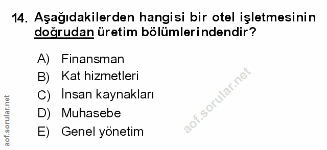 14. soru: Aşağıdakilerden hangisi bir otel işletmesinin doğrudan üretim bölümlerindendir? A) Finansman Kat hizmetleri C) Insan…