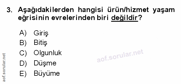 3. soru: Aşağıdakilerden hangisi ürün/hizmet yaşam egrisinin evrelerinden biri değildir? A) Giriş B) Bitiş Olgunluk D) Düşme E…
