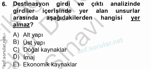 6. soru: Destinasyon girdi ve çıktı analizinde girdiler içerisinde yer alan unsurlar arasında aşağıdakilerden hangisi yer alma…