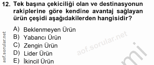 12. soru: Tek başına çekiciliği olan ve destinasyonun rakiplerine göre kendine avantaj sağlayan ürün çeşidi aşağıdakilerden han…