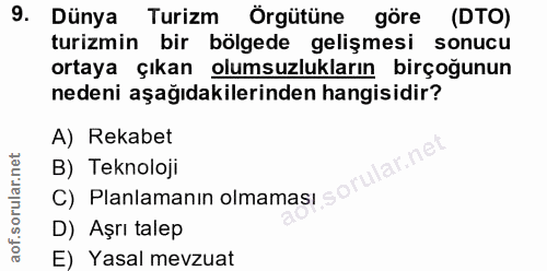 9. soru: Dünya Turizm Örgütüne göre (DTO) turizmin bir bölgede gelişmesi sonucu ortaya çıkan olumsuzlukların birçoğunun nedeni…