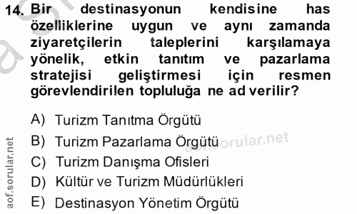 14. soru: Bir destinasyonun kendisine has özelliklerine uygun ve aynı zamanda ziyaretçilerin taleplerini karşılamaya yönelik, e…