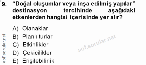 9. soru: "Doğal oluşumlar veya inşa edilmiş yapılar" destinasyon tercihinde aşağıdaki etkenlerden hangisi içerisinde yer alır?…