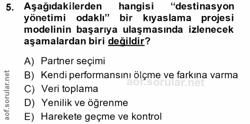 5. soru: Aşağıdakilerden hangisi "destinasyon yönetimi odaklı" bir kıyaslama projesi modelinin başarıya ulaşmasında izlenecek…