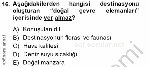 16. soru: Aşağıdakilerden hangisi destinasyonu oluşturan "doğal çevre elemanları" içerisinde yer almaz? A) Konuşulan dil B) Des…
