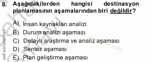 8. soru: Aşağıdakilerden hangisi destinasyon planlamasının aşamalarından biri değildir? A), Insan kaynakları analizi B) Durum…