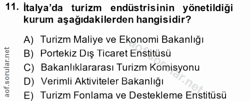 11. soru: İtalya'da turizm endüstrisinin yönetildiği kurum aşağıdakilerden hangisidir? A) Turizm Maliye ve Ekonomi Bakanlığı B)…