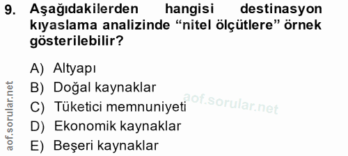 9. soru: Aşağıdakilerden hangisi destinasyon kıyaslama analizinde "nitel ölçütlere" örnek gösterilebilir? A) Altyapı B) Doğal…