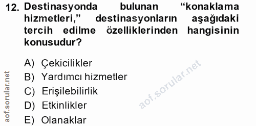 12. soru: Destinasyonda bulunan "konaklama hizmetleri," destinasyonların aşağıdaki tercih edilme özelliklerinden hangisinin kon…