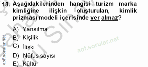 18. soru: Aşağıdakilerinden hangisi turizm marka kimliğine ilişkin oluşturulan, kimlik prizması modeli içerisinde yer almaz? A)…