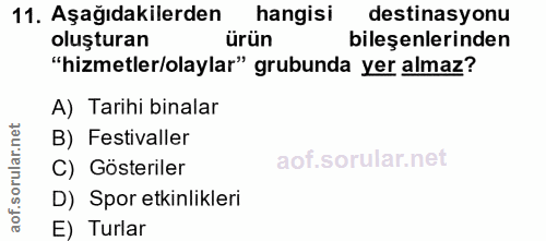 11. soru: Aşağıdakilerden hangisi destinasyonu oluşturan ürün bileşenlerinden "hizmetler/olaylar" grubunda yer almaz? A) Tarihi…