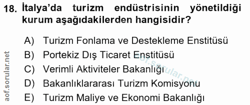 18. soru: Italya'da turizm endüstrisinin yönetildiği kurum aşağıdakilerden hangisidir? A) Turizm Fonlama ve Destekleme Enstitüs…