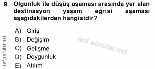9. soru: Olgunluk ile düşüş aşaması arasında yer alan destinasyon yaşam eğrisi aşaması aşağıdakilerden hangisidir? A) Giriş B)…