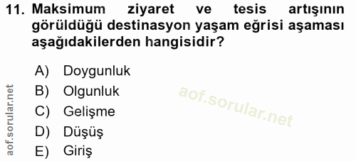 11. soru: Maksimum ziyaret ve tesis artışının görüldüğü destinasyon yaşam eğrisi aşaması aşağıdakilerden hangisidir? A) Doygunl…