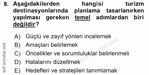9. soru: Aşağıdakilerden hangisi turizm destinasyonlarında planlama tasarlanırken yapılması gereken temel adımlardan biri deği…
