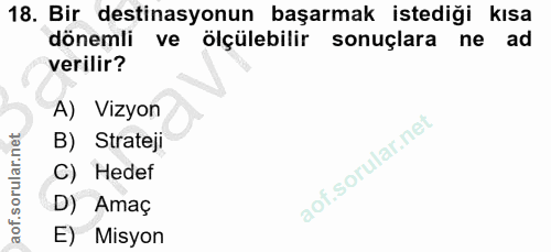 18. soru: Bir destinasyonun başarmak istediği kısa dönemli ve ölçülebilir sonuçlara ne ad verilir? A) Vizyon B) Strateji C) Hed…