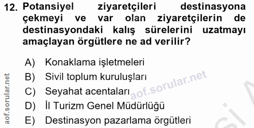 12. soru: Potansiyel ziyaretçileri destinasyona çekmeyi ve var olan ziyaretçilerin de destinasyondaki kalış sürelerini uzatmayı…