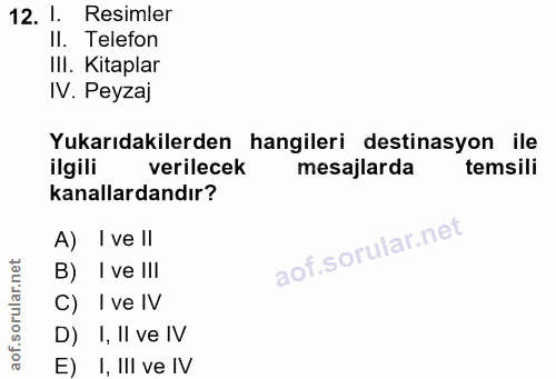 12. soru: 1. Resimler II. Telefon III. Kitaplar IV. Peyzaj Yukarıdakilerden hangileri destinasyon ile ilgili verilecek mesajlar…