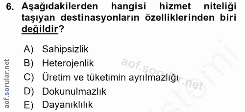 6. soru: Aşağıdakilerden hangisi hizmet niteliği taşıyan destinasyonların özelliklerinden biri değildir? A) Sahipsizlik B) Het…