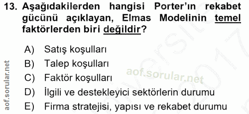 13. soru: Aşağıdakilerden hangisi Porter'ın rekabet gücünü açıklayan, Elmas Modelinin temel faktörlerden biri değildir? A) Satı…