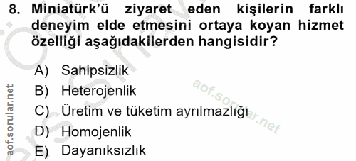 8. soru: Miniatürk'ü ziyaret eden kişilerin farklı deneyim elde etmesini ortaya koyan hizmet özelliği aşağıdakilerden hangisid…