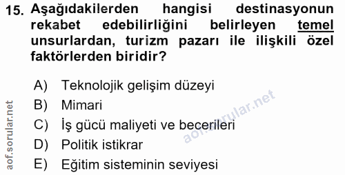 15. soru: Aşağıdakilerden hangisi destinasyonun rekabet edebilirliğini belirleyen temel unsurlardan, turizm pazarı ile ilişkili…