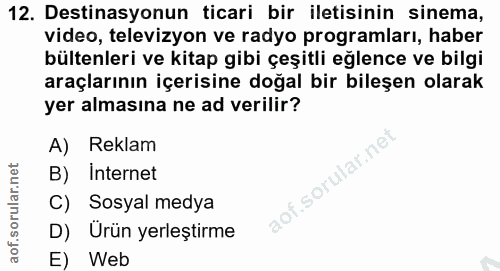 12. soru: Destinasyonun ticari bir iletisinin sinema, video, televizyon ve radyo programları, haber bültenleri ve kitap gibi çe…