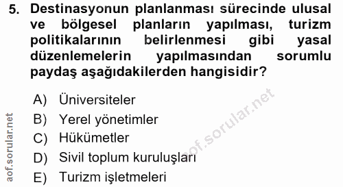 5. soru: Destinasyonun planlanması sürecinde ulusal ve bölgesel planların yapılması, turizm politikalarının belirlenmesi gibi…