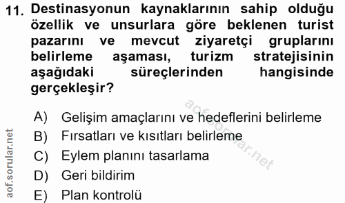 11. soru: Destinasyonun kaynaklarının sahip olduğu özellik ve unsurlara göre beklenen turist pazarını ve mevcut ziyaretçi grupl…