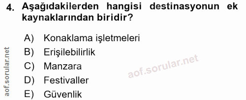 4. soru: Aşağıdakilerden hangisi destinasyonun ek kaynaklarından biridir? A) Konaklama işletmeleri B) Erişilebilirlik C) Manza…