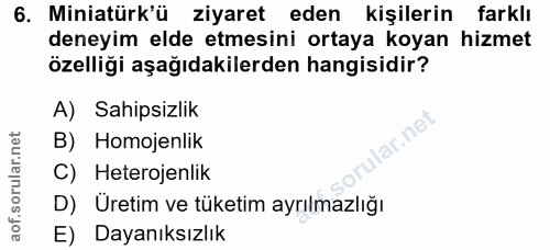6. soru: Miniatürk'ü ziyaret eden kişilerin farklı deneyim elde etmesini ortaya koyan hizmet özelliği aşağıdakilerden hangisid…