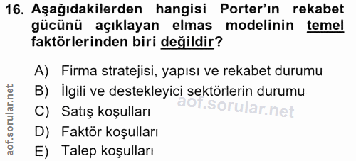 16. soru: Aşağıdakilerden hangisi Porter'ın rekabet gücünü açıklayan elmas modelinin temel faktörlerinden biri değildir? A) Fir…