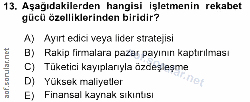 13. soru: Aşağıdakilerden hangisi işletmenin rekabet gücü özelliklerinden biridir? A) Ayırt edici veya lider stratejisi B) Raki…