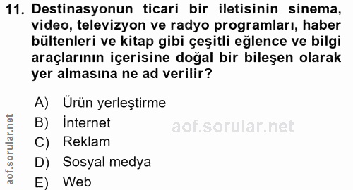 11. soru: Destinasyonun ticari bir iletisinin sinema, video, televizyon ve radyo programları, haber bültenleri ve kitap gibi çe…