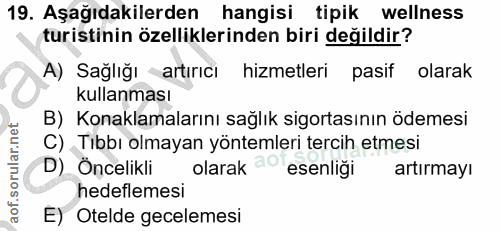 19. soru: Aşağıdakilerden hangisi tipik wellness turistinin özelliklerinden biri değildir? A) Sağlığı artırıcı hizmetleri pasif…