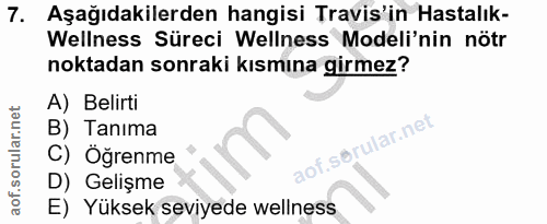 7. soru: Aşağıdakilerden hangisi Tavis'in Hastalık- Wellness Süreci Wellness Modeli'nin nötr noktadan sonraki kısmına girmez?…