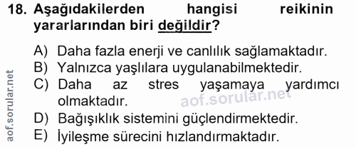 18. soru: Aşağıdakilerden hangisi reikinin yararlarından biri değildir? A) Daha fazla enerji ve canlılık sağlamaktadır. B) Yaln…