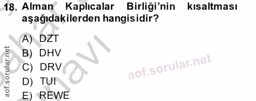 18. soru: Alman Kaplıcalar Birliği'nin kısaltması aşağıdakilerden hangisidir? A) DZT B) DHV C) DRV D) TUI E) REWE