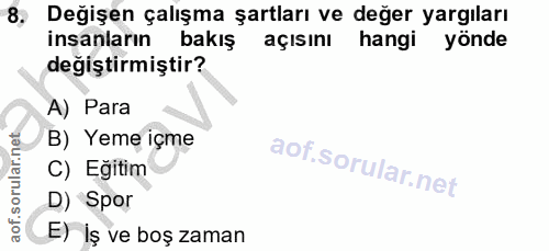 8. soru: 8, Değişen çalışma şartları ve değer yargıları insanların bakış açısını hangi yönde değiştirmiştir? A) Para B) Yeme i…