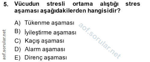 5. soru: Vücudun stresli ortama alıştığı stres aşaması aşağıdakilerden hangisidir? A) Tükenme aşaması B) İyileştirme aşaması C…