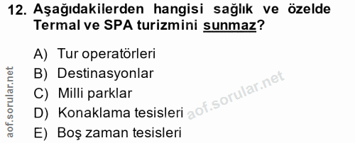 12. soru: Aşağıdakilerden hangisi sağlık ve özelde Termal ve SPA turizmini sunmaz? A) Tur operatörleri B) Destinasyonlar D) Kon…