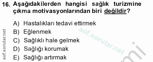 16. soru: Aşağıdakilerden hangisi sağlık turizmine çıkma motivasyonlarından biri değildir? A) Hastalıkları tedavi ettirmek B) E…
