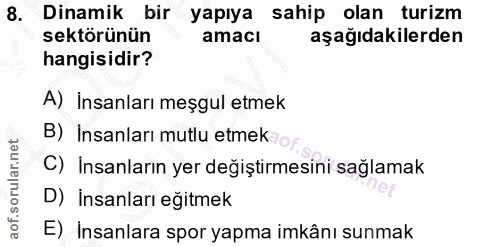 8. soru: Dinamik bir yapıya sahip olan turizm sektörünün amacı aşağıdakilerden hangisidir? A) Insanları meşgul etmek B) Insanl…