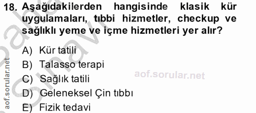 18. soru: Aşağıdakilerden hangisinde klasik kür uygulamaları, tıbbi hizmetler, checkup ve sağlıklı yeme ve içme hizmetleri yer…