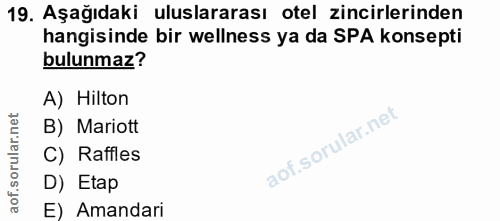 19. soru: Aşağıdaki uluslararası otel zincirlerinden hangisinde bir wellness ya da SPA konsepti bulunmaz? A) Hilton B) Mariott…