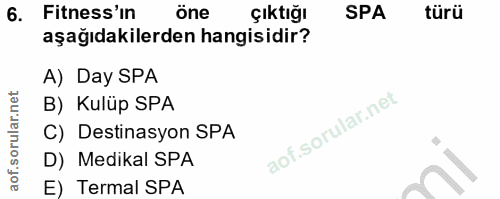 6. soru: Fitness'in öne çıktığı SPA türü aşağıdakilerden hangisidir? A) Day SPA B) Kulüp SPA C) Destinasyon SPA D) Medikal SPA…