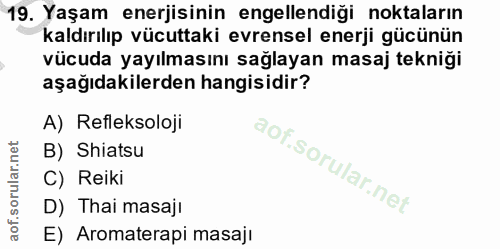 19. soru: Yaşam enerjisinin engellendiği noktaların kaldırılıp vücuttaki evrensel enerji gücünün vücuda yayılmasını sağlayan ma…